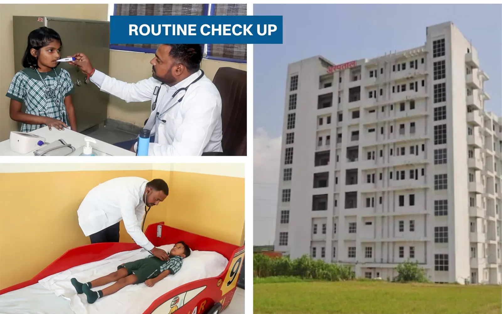 A doctor checking a DWPS student’s temperature, a child being examined in the medical room, and the partner hospital building