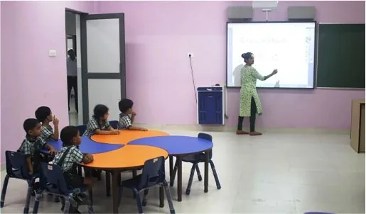 A smart classroom at DWPS with a projector and interactive board