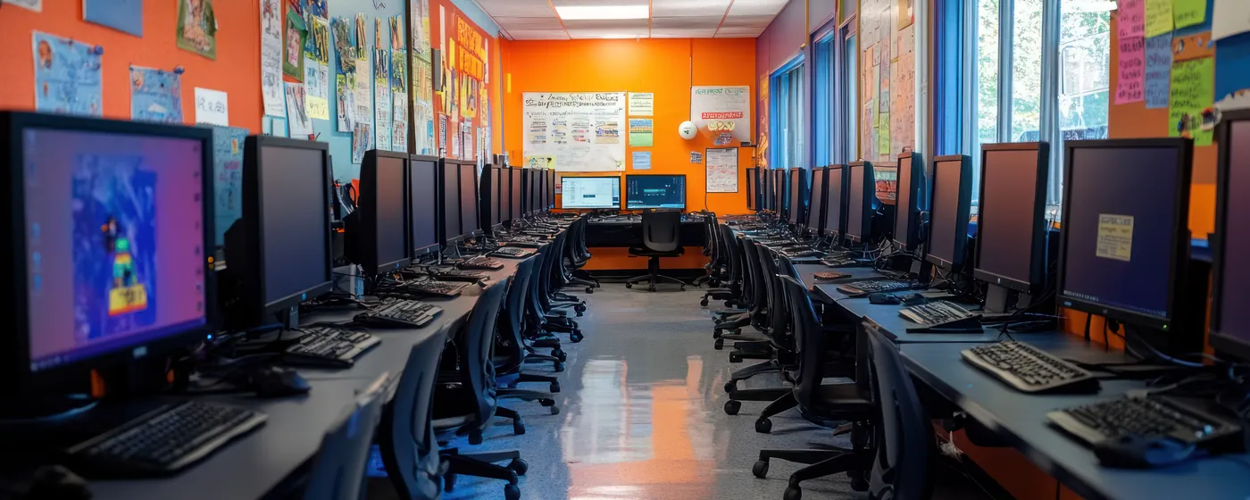 Rows of computers in a school computer laboratory